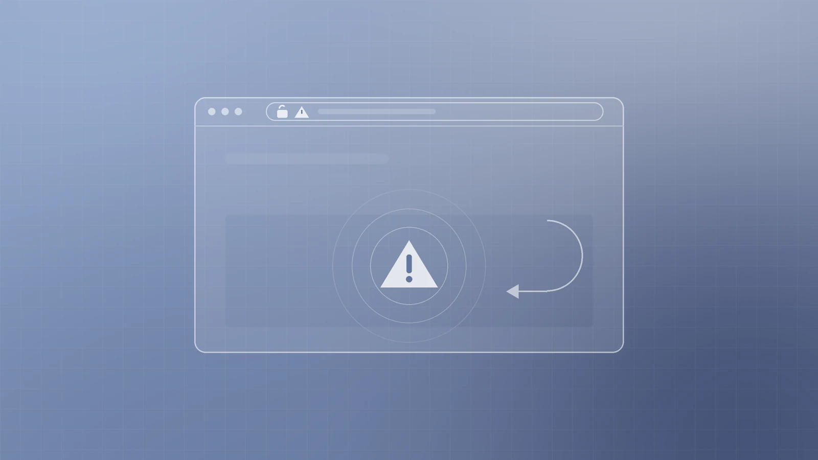 Illustration of a browser window with an open padlock and a warning triangle in the address bar, a large warning sign on the page and an arrow turning back, representing browser security warnings