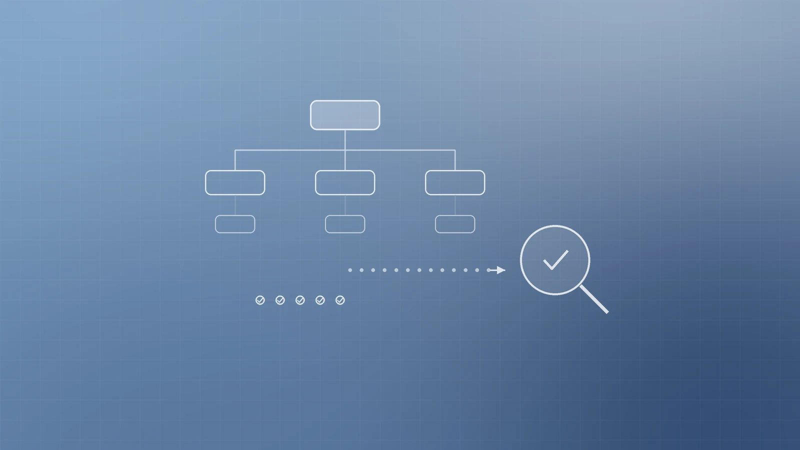 Illustration of a sitemap tree sent along a dotted path to a magnifying glass with a tick, representing submitting the new sitemap on launch day