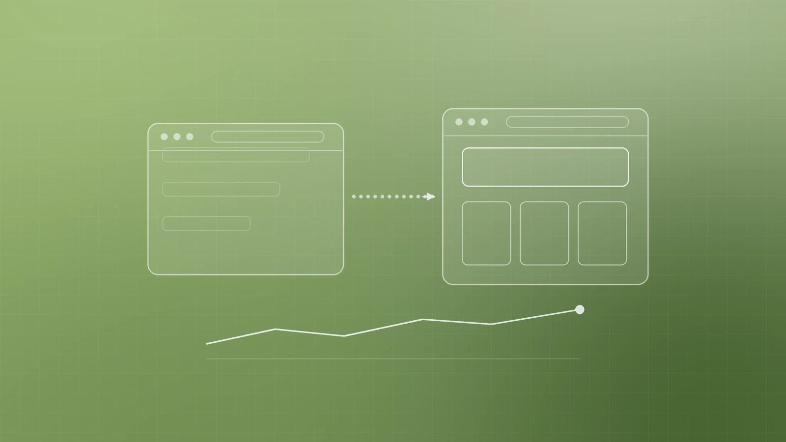 Abstract green illustration of an old website and a new website joined by a dotted path above a steady traffic line, representing a website redesign that keeps its SEO traffic