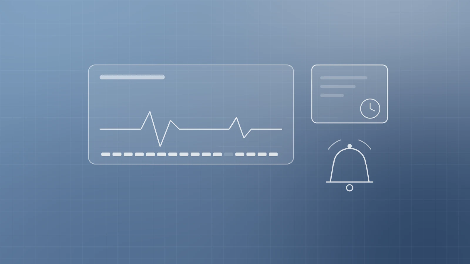 Illustration of an uptime pulse line, a certificate card with a clock and an alert bell, representing website monitoring