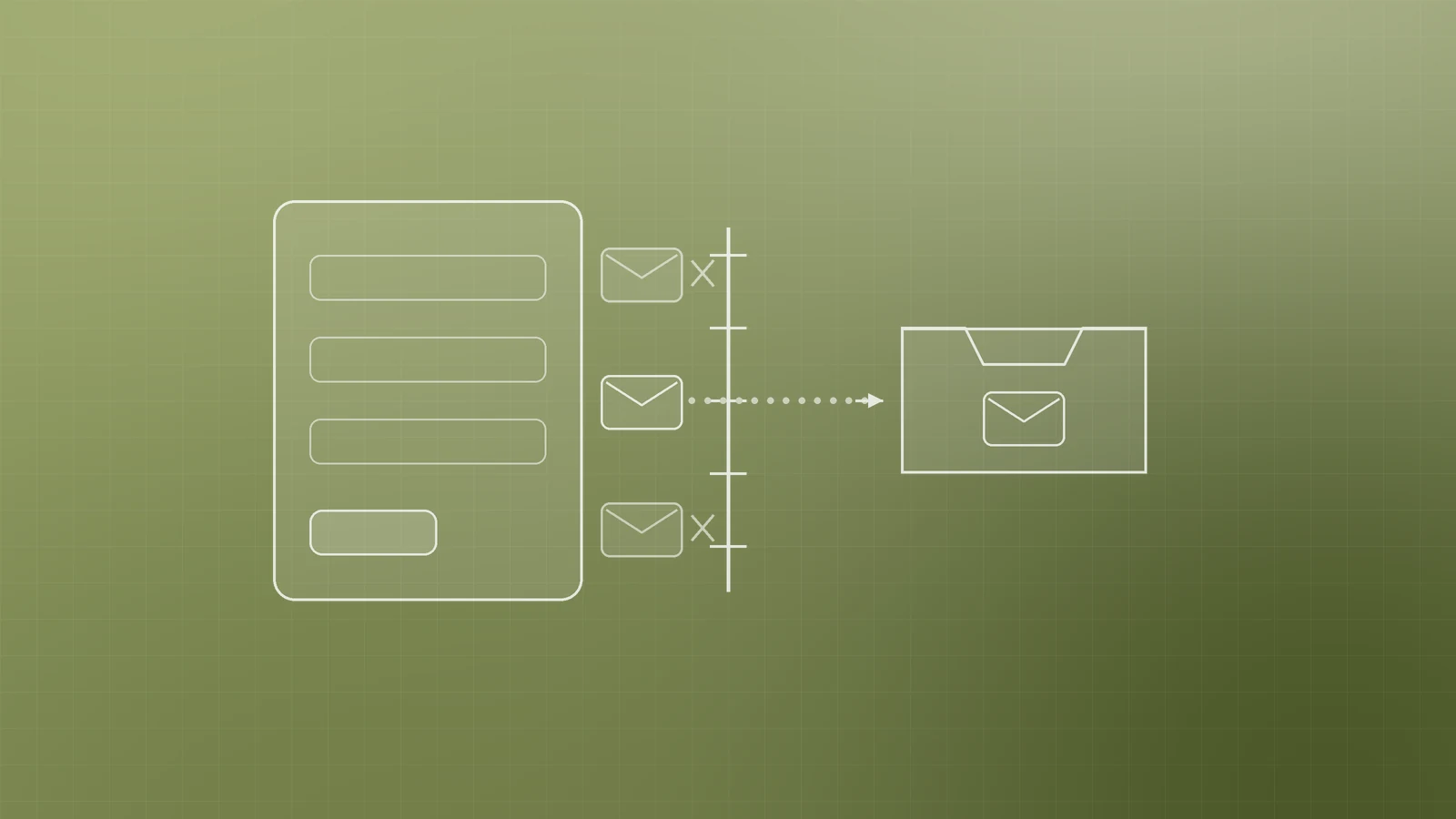 Illustration of a contact form whose messages pass a filter gate that stops unwanted envelopes, representing form spam protection