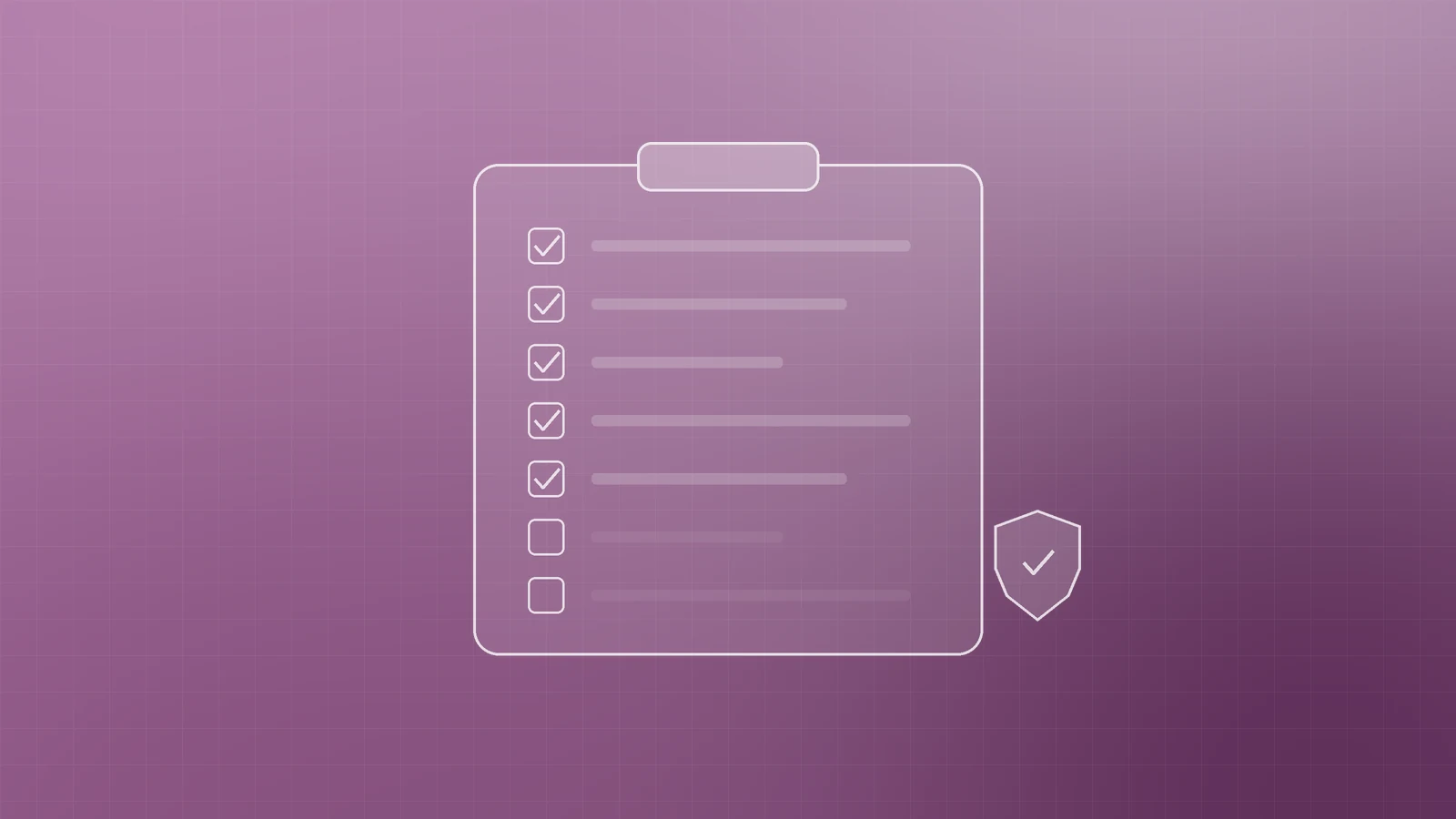 Illustration of a clipboard checklist with ticked items beside a small shield, representing a monthly website security checklist