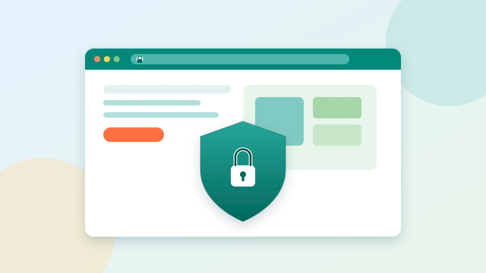 Flat illustration of a website browser frame with a shield and padlock, suggesting HTTPS protection