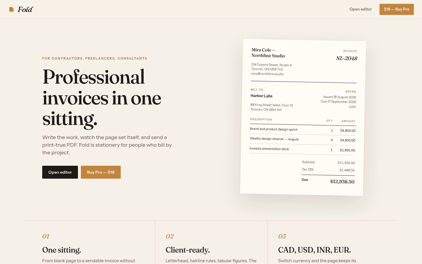 Fold invoice editor with a sample invoice.