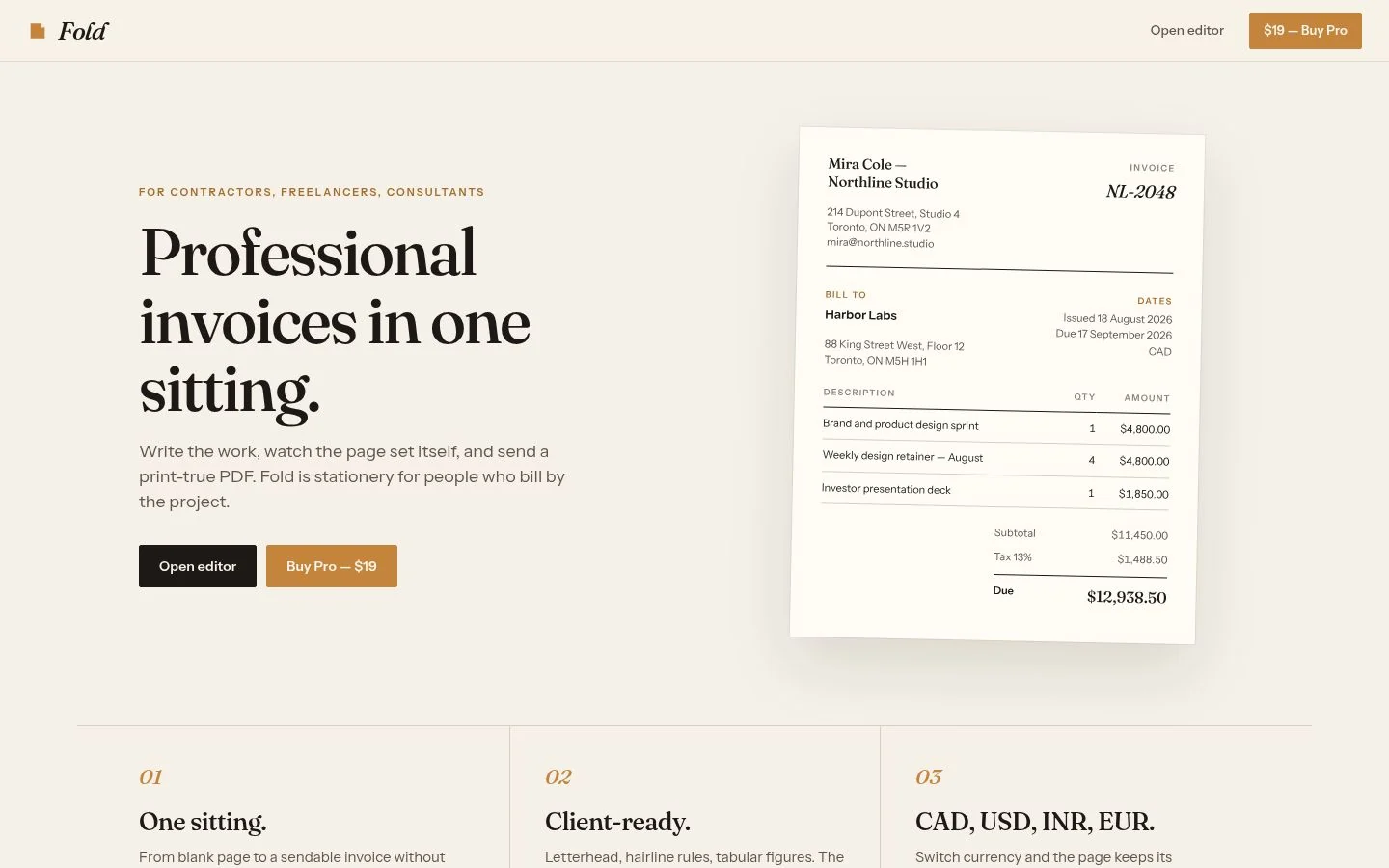 Fold invoice editor with a sample invoice.