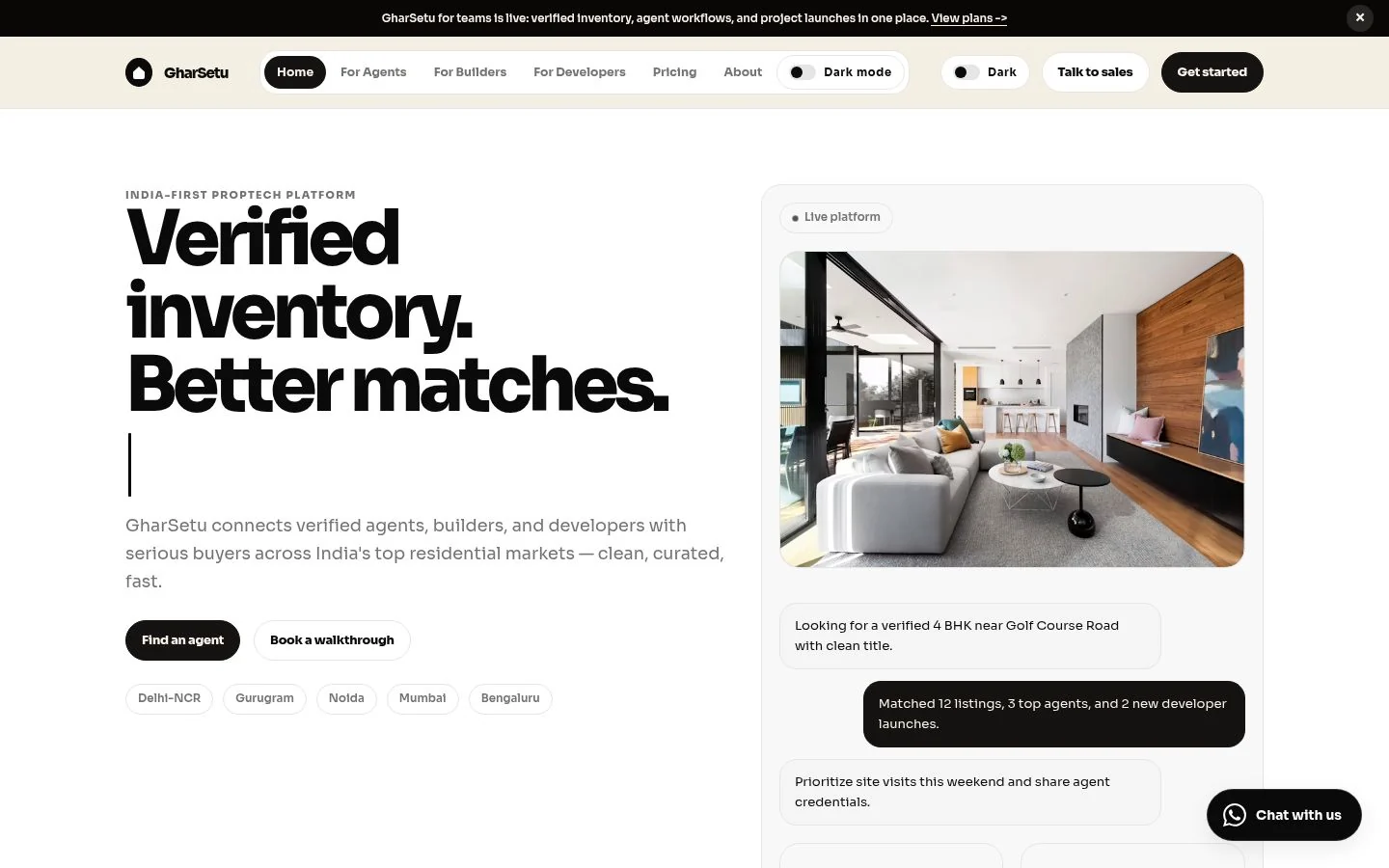 GharSetu property matchmaking homepage.