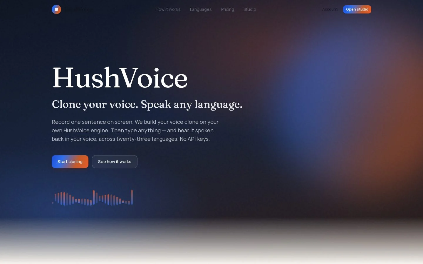 HushVoice homepage, headline Clone your voice. Speak any language.
