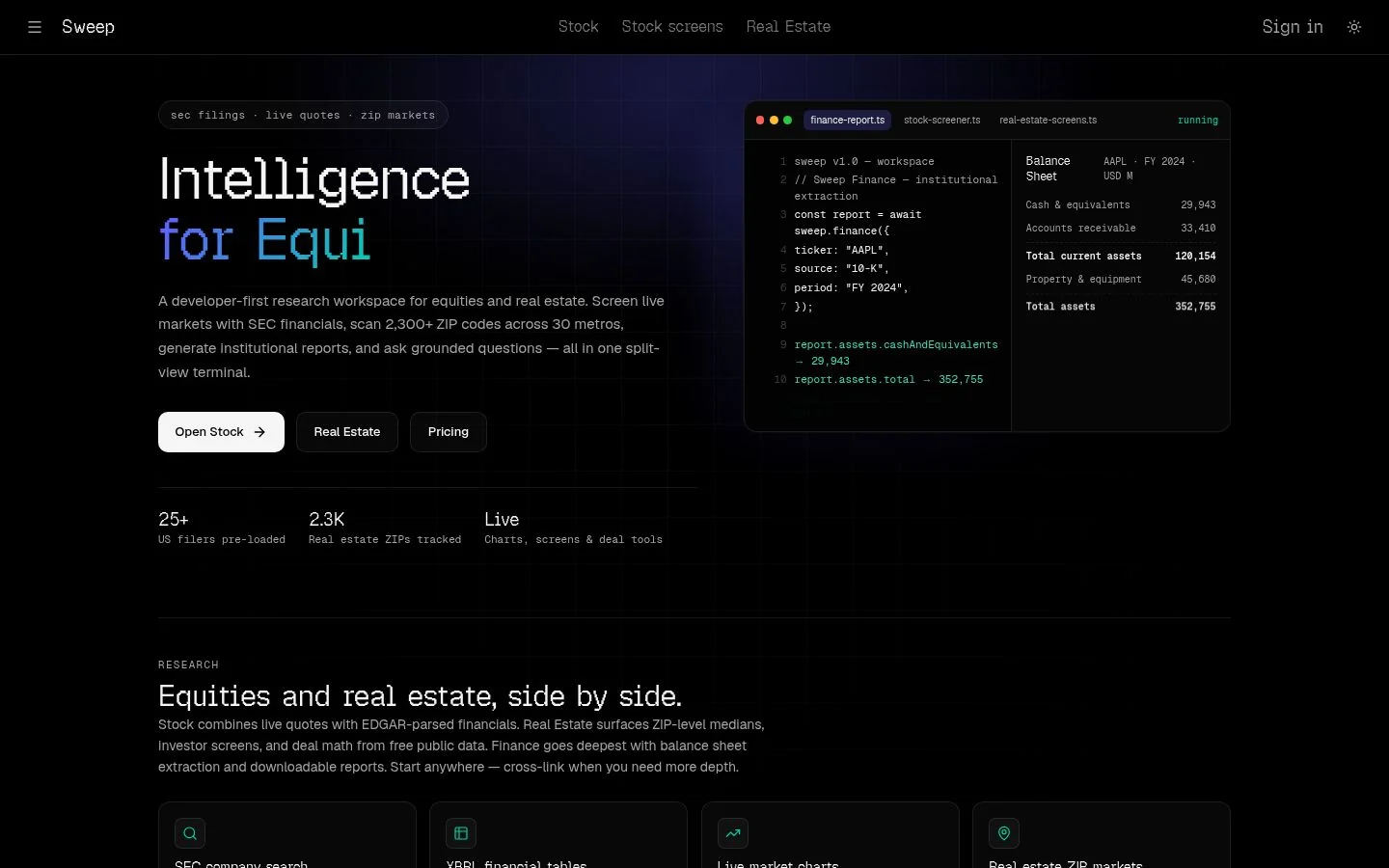 Sweep research workspace with a sample AAPL balance sheet.
